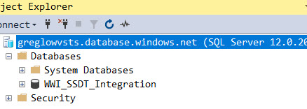 In Object Explorer, greglowvsts.database.windows.net displays.
